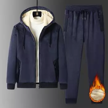 Мужской зимний теплый костюм больших размеров, однотонный кардиган с длинными рукавами и капюшоном + однотонные утепленные брюки из двух предметов 8XL чёрный