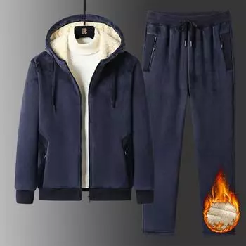 Мужской зимний теплый костюм больших размеров, однотонный кардиган с капюшоном + однотонные утепленные прямые брюки, комплект из 2 предметов 8XL чёрный