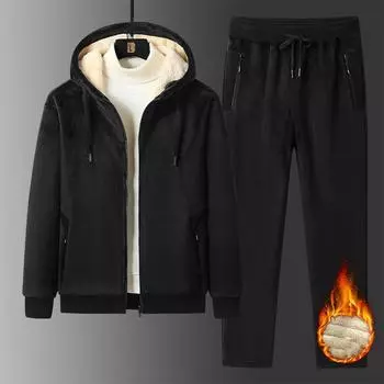 Мужской зимний теплый костюм больших размеров, однотонный кардиган с длинными рукавами и капюшоном + однотонные утепленные прямые брюки, комплект из двух предметов 8XL чёрный