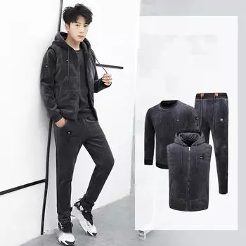 Мужской зимний теплый костюм, круглый вырез, длинный рукав, капюшон, майка + утепленные брюки, комплект из двух предметов XS