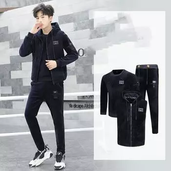 Мужской зимний теплый костюм, круглый вырез, длинный рукав, капюшон, майка + утепленные брюки, комплект из двух предметов 4XL