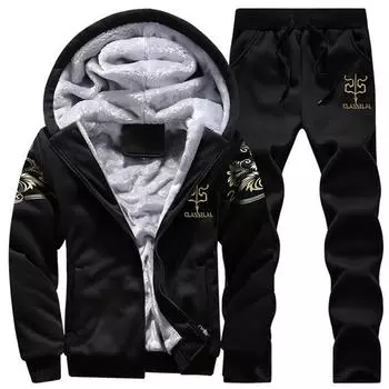 Мужской зимний теплый костюм с принтом больших размеров, рубашка на молнии с длинными рукавами и капюшоном + утепленные брюки, комплект из 2 предметов XXXXXL чёрный