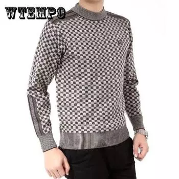 Мужской зимний теплый толстый свитер с круглым вырезом, пуловер, клетчатый свитер XXXL