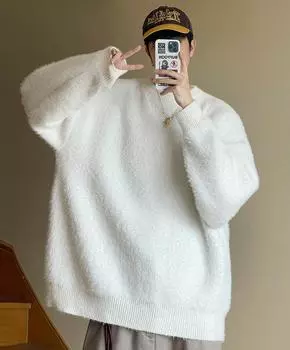 Мужской зимний теплый вязаный свитер в японском стиле, пуловер с круглым вырезом, осенний свободный черный, белый джемпер M белый