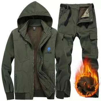 Мужской зимний уличный флисовый костюм с капюшоном, утепленный, топ с капюшоном + брюки, комплект из 2 предметов XXXL зелёный