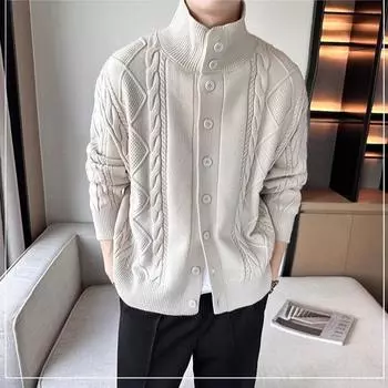 Мужской зимний утолщенный однотонный вязаный свитер, теплый вязаный свитер в стиле ретро, повседневный однотонный кардиган большого размера 3XL