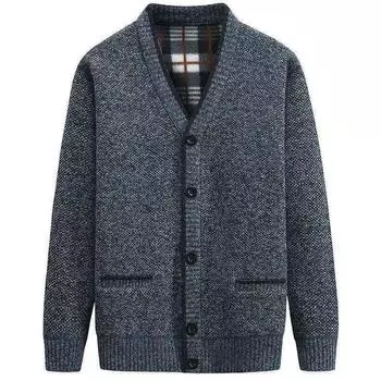 Мужской зимний утолщенный свитер-кардиган с V-образным вырезом и бархатом для людей среднего и пожилого возраста 4XL [180-198 Jin] синий/серый