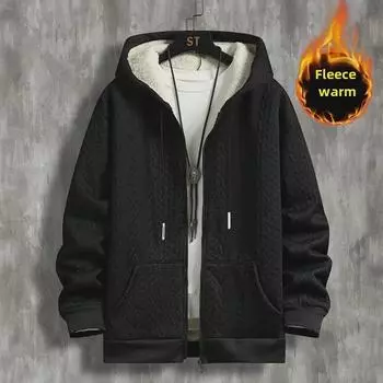 Мужской зимний жаккардовый кардиган из серебристо-лисого бархата с капюшоном - толстый, теплый, повседневный свитер с круглым вырезом L чёрный