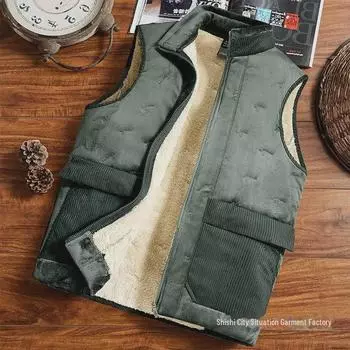 Мужской зимний жилет из овчины 2023 года - теплая куртка-жилет 5XL зелёный/серый