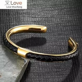 Мужской золотой черный браслет из нержавеющей стали, кожаный кубинский браслет-манжета, напульсник, модные украшения, подарки для друзей, оптовые аксессуары 60-62mm