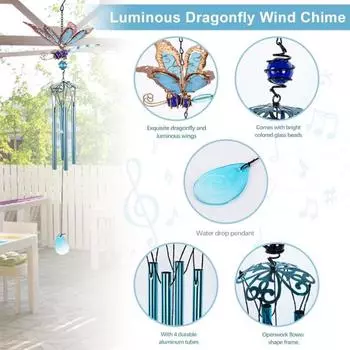 Музыка Ветра Светящаяся Стрекоза Дизайн Прочный Водонепроницаемый Мелодичный Открытый Сад Украшения Для Окна Металлический Колокольчик Ветра A зелёный