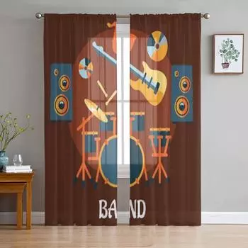 Музыкальная группа Электрогитара Барабанные палочки Шифоновые прозрачные шторы для гостиной Спальня Оконные занавески Вуали Тюль Cortinas 135W x 114H(cm)