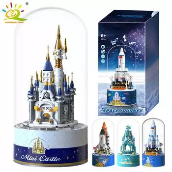 Музыкальная шкатулка, строительные блоки, ледяной замок, снежный замок, космическая ракета с фигурками, городские кирпичи, игрушки для детей, подарок другу 11