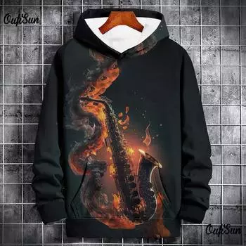 Музыкальная толстовка с капюшоном с принтом 3D-саксофона, высококачественная мужская уличная толстовка с длинным рукавом, модный топ в стиле Харадзюку S