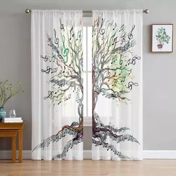 Музыкальное дерево, растение, музыкальные ноты, белые прозрачные шторы для гостиной, украшения оконных штор, кухонных штор из тюля и вуали W135 x H115cm x1