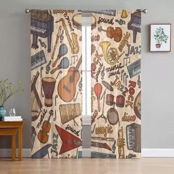 Музыкальные инструменты эскиз цветные шифоновые прозрачные шторы для гостиной спальни кухонные украшения оконные вуали тюлевые занавески 135W x 114H(cm)