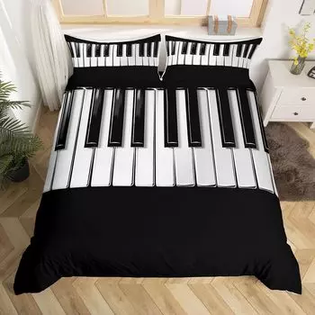 Музыкальные клавиши пианино Пододеяльник King Queen Piano Постельное белье Современный музыкальный инструмент Пододеяльник Черно-белый Покрывало EU Single(135x200cm)