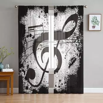 Музыкальные ноты Dot Drop Quaver Black Splash Ink Art шифоновые прозрачные шторы для гостиной, спальни, оконная вуаль, тюлевая занавеска W135 x H115cm x1