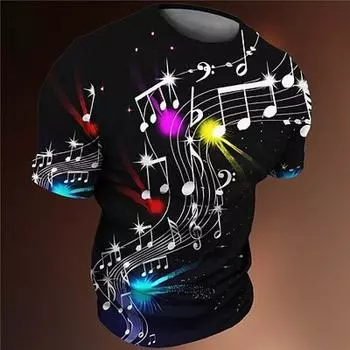 Музыкальные ноты Мужская 3D-рубашка Черная летняя мужская футболка с графическим музыкальным круглым вырезом Одежда с 3D-принтом На открытом воздухе Повседневная с коротким рукавом Модельер S