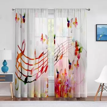 Музыкальные ноты, ритм, бабочка, яркие цвета, художественные прозрачные шторы для гостиной, вуаль, современная спальня, окно, тюлевая занавеска, драпировка 1 PCS W100XH250cm&Rod Pocket