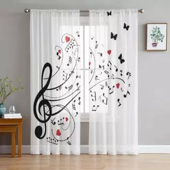 Музыкальные ноты с красными сердечками, прозрачные шторы для гостиной, детская спальня, тюлевые шторы, кухонные шторы для окон 135W x 114H(cm)