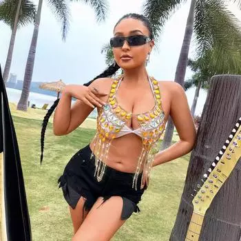 Музыкальный фестиваль ручной работы драгоценные камни кисточки цвет соответствия сексуальный подтяжки жилет с открытой спиной сексуальное платье XS оранжевый