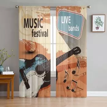 Музыкальный фестиваль с ретро-гитарой, шифоновые прозрачные шторы для гостиной, спальни, кухни, украшения, оконная вуаль, тюлевая занавеска 135W x 114H(cm)