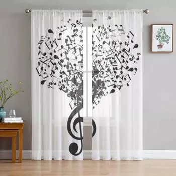 Музыкальный ключ дерево с нотами, прозрачные шторы для спальни, гостиной, тюлевые шторы для кухни, вуаль, занавески для окон 135W x 114H(cm)