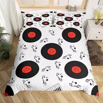 Музыкальный комплект постельного белья Queen Size Музыкальная тематика Постельное белье Пододеяльник для мальчиков Декор Диск Одеяло Покрывало Покрывало для пластинок 150x200cm 3pcs