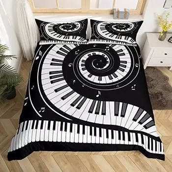 Музыкальный пододеяльник, комплект постельного белья размера Queen, белый комплект постельного белья с музыкальными нотами, 3 шт., для декора детской спальни, черно-белый чехол для одеяла с клавишами пианино EU Single(135x200cm)