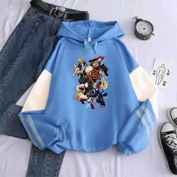 My Hero Academia Anime Periphery Hooded Sweatshirt Men Harajuku Japanese Cartoon Hooded Collar Unisex Oversized Winter Hoodies XS синий