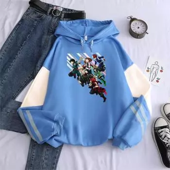 My Hero Academia Harajuku Patchwork Printed Hooded Sweatshirt Men Autumn Casual Pullover Unisex Hip Hop Oversize Winter Hoodies XS бежевый