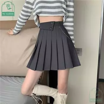 My Wardrobe Женская трендовая плиссированная юбка Корейская версия Короткая юбка трапециевидной формы Универсальная юбка с высокой талией Короткая юбка с цепочкой на пуговицах S серый