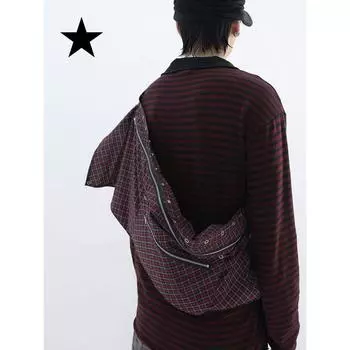 Myfuzzykon Original Design Retro Dark Red Plaid Stacked Apron Bag/Crossbody Bag/Waist Bag Dark red