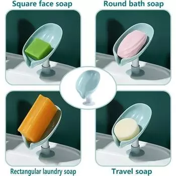 Мыльница для ванной комнаты в форме листа с функцией самоосушения. Держатель для губки с присоской. Портативный сливной ящик для мыла. Аксессуары для ванной комнаты. 1PCS зелёный