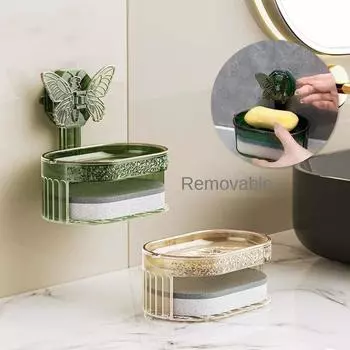 Мыльница на присоске с дизайном в виде бабочки, двухслойная мыльница с губкой и сливом, полка для хранения мыла без сверления золотой