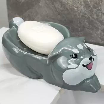 Мыльница с изображением мультяшного животного Хаски, ящик для хранения, креативная высококачественная мыльница для слива, бытовая мыльница, керамическая мыльница, принадлежности для ванной комнаты