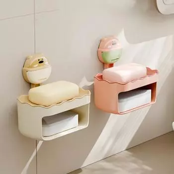 Мыльница с присоской, настенная коробка для хранения, мультяшная форма, двухслойная, простая в установке, мощная вакуумная присоска для мыла синий