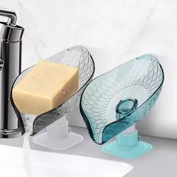 Мыльница в форме листа, на присоске синий