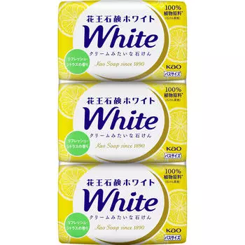 Мыло Kao White Soap с освежающим цитрусовым ароматом, белое, для ванны, упаковка 3 шт., 390 г, универсальное мыло. Перед использованием тщательно вспеньте.. Мыло общего назначения