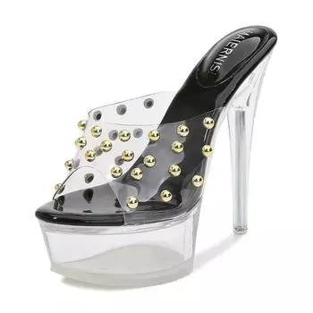 Myrnes crystal half slippers summer new waterproof table wearing transparent fish mouth rivets high heels 35