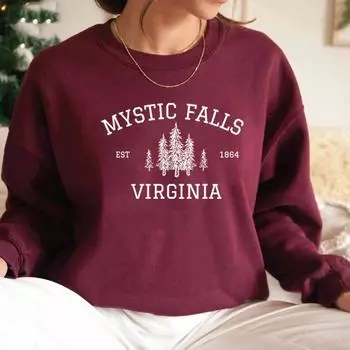 Mystic Falls Женская осенне-зимняя модная толстовка с цифровой печатью, круглым вырезом, заниженной линией плеч, длинным рукавом S чёрный
