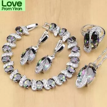 Mystic Rainbow Fire Cubic Zirconia Jewelry Sets Silver 925 Jewelry Decorations For Women Серьги / Подвеска / Ожерелье / Кольцо / Браслет