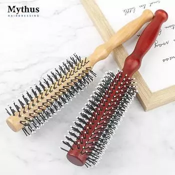Mythus Нейлоновые зубы с деревянной ручкой Расческа для завивки объема Круглая щетка для вьющихся волос
