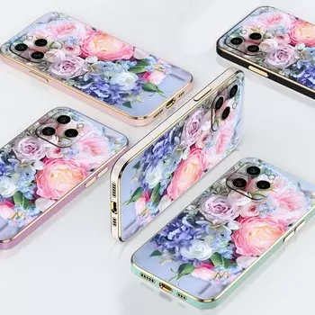 N48 Цветочный пион Ваза с золотым покрытием края Мягкий чехол для телефона из ТПУ для Samsung S23 S24 S22 Ultra A14 A34 A54 A22 Huawei P40 Honor 90 Противоударная задняя крышка Samsung Galaxy A01