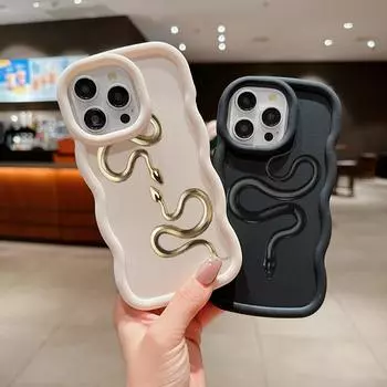 N71 Чехлы для телефонов N71 Black Gold Snake Macaron с волнистыми краями для iPhone 15 Pro Max Samsung A54 A14 S23 S24 S23 Ultra S21 FE Redmi Note 13 Pro Противоударный чехол for iPhone 6(6s)