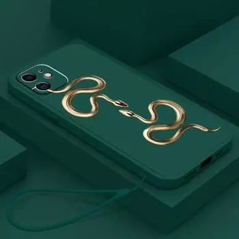 N71 Черная золотая змея с ремешком Силиконовые чехлы для телефонов с прямыми краями для iPhone 15 Pro Max Samsung A54 A14 S23 S24 Ultra A23 S20 FE Противоударный чехол for iPhone 15 Plus