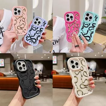 N72 Черно-золотой змеиный арт Macaron волнистые края телефонные чехлы для iPhone 16 Pro Max Samsung S24 S23 Ultra A35 A54 A55 Xiaomi Redmi Note 13 противоударный чехол for iPhone 16 Plus