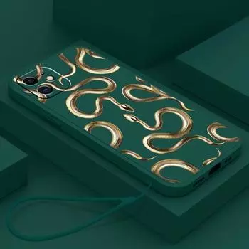 N72 Черное золото Змея с ремешком Силиконовые чехлы для телефонов с прямым краем для iPhone 15 Pro Max Samsung A54 A14 S23 S24 Ultra S20 FE Противоударный чехол for iPhone 15 Plus