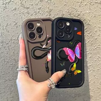 N77 бабочка, черное золото, змея, мягкие чехлы для телефонов «ангельские глазки» для iPhone 15, 14, 12, 11 Pro Max 13 mini 7 8 6S Plus XS Max XR SE, противоударный чехол-бампер for iPhone 15 Pro Max